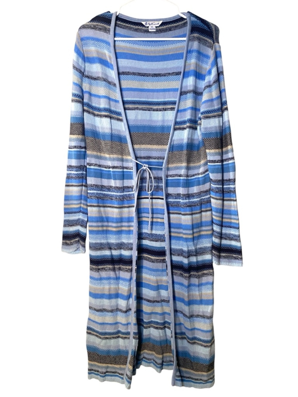 April Cornell Cardigan Sweater XS Blue Striped Open Front Knit Longline Duster